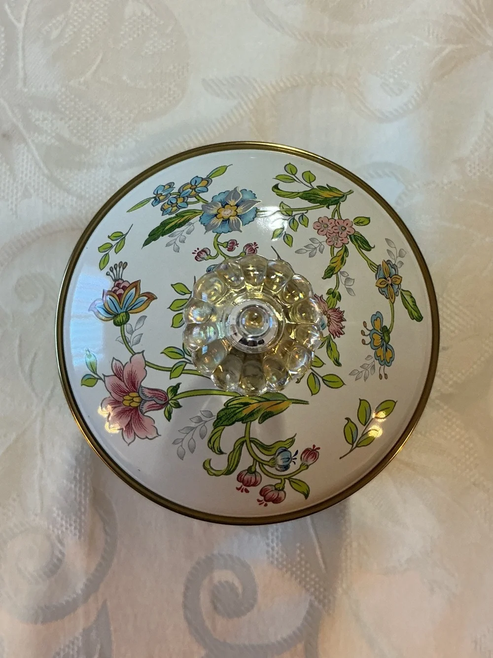 Cottagecore Floral Enamel Cream and Gold Tone Lidded Jar